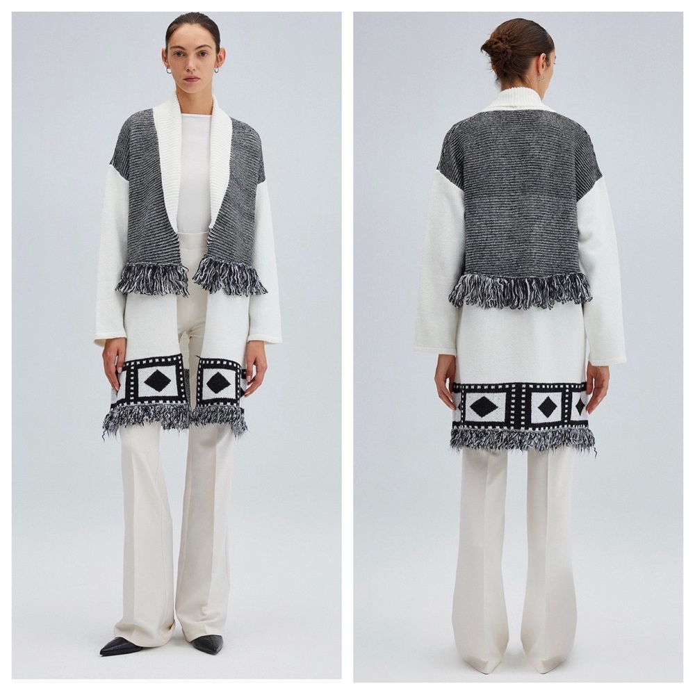 33 Salon Designer Privé Fringe Detailed Long Knit Cardigan